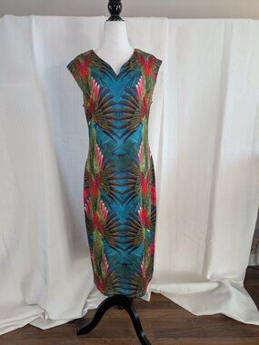 Smashed Lemon Tropical Parrot Illusion Midi Dress Size 10 Resort Vacation Artsy